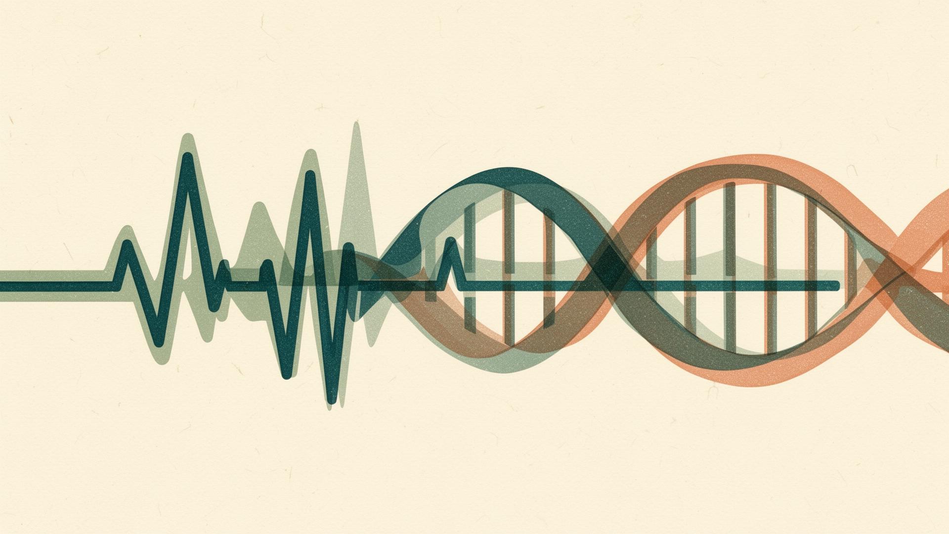 Abstract illustration: heartbeat waveform interwoven with a DNA helix