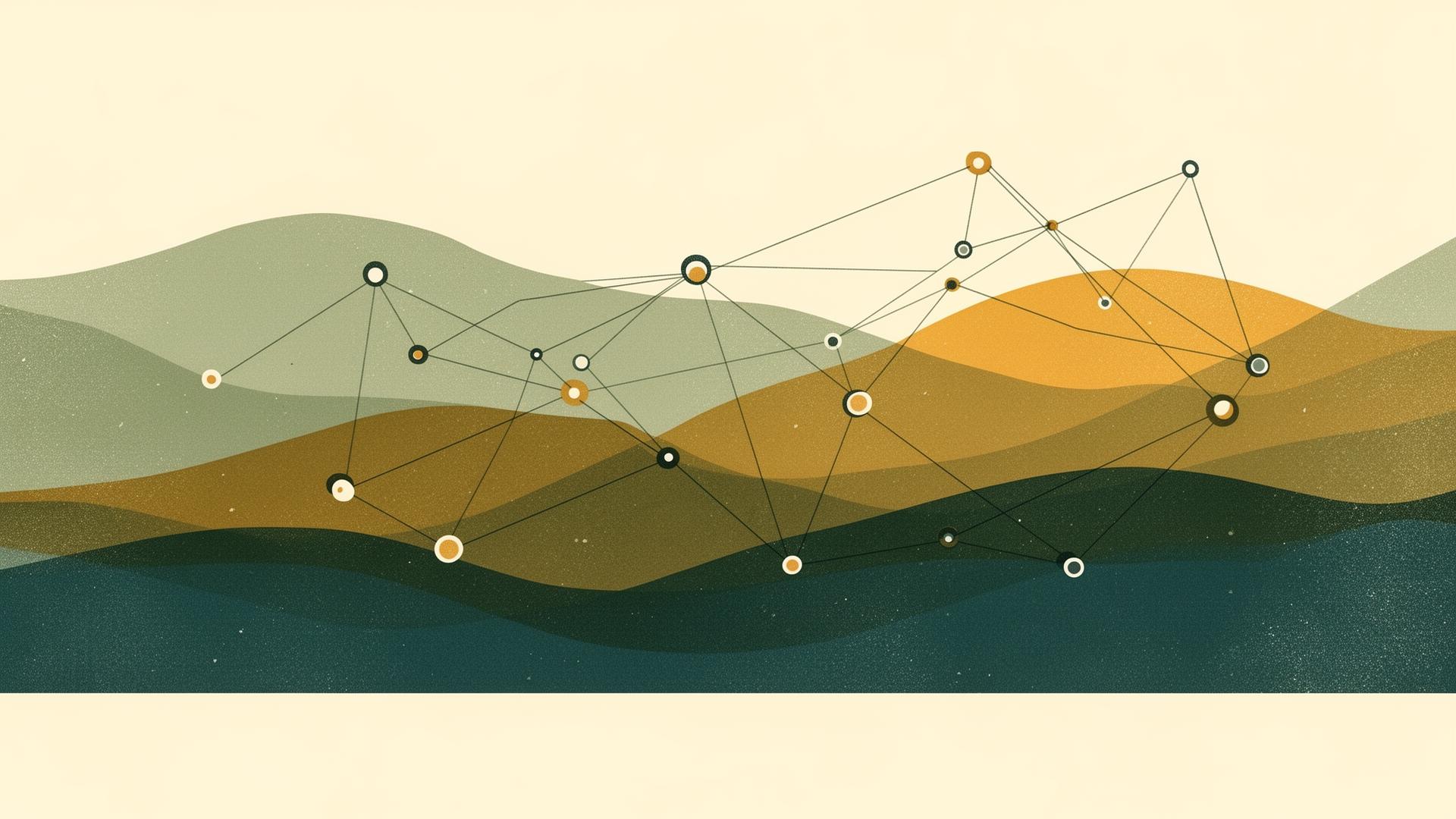 Abstract risograph illustration: interconnected network of dots and lines representing a statewide healthcare ecosystem