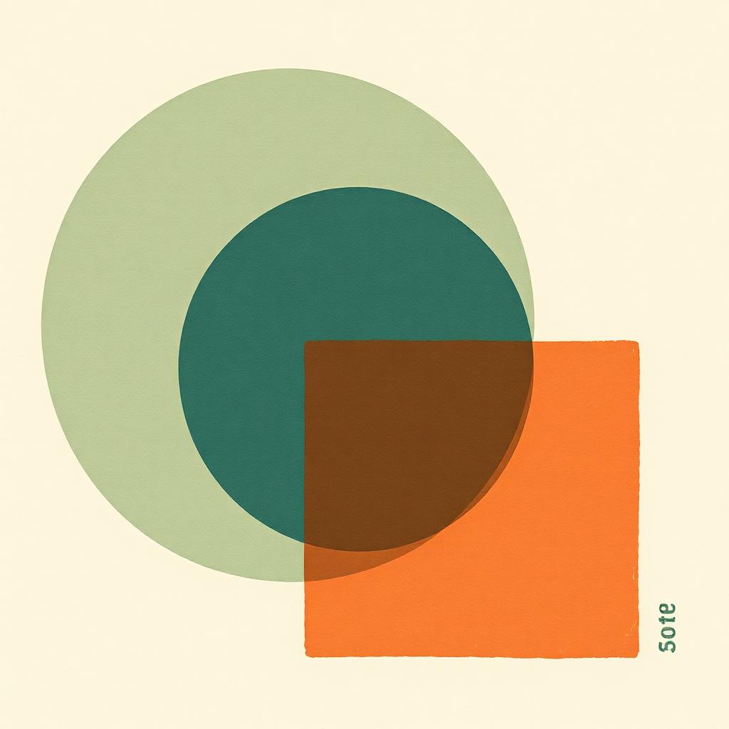 Abstract risograph illustration: overlapping circle, triangle, and square representing core principles